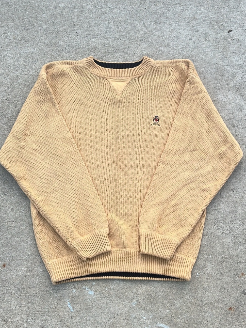 Tommy Hilfiger Men's Beige Crewneck Sweater with Embroidered Crest